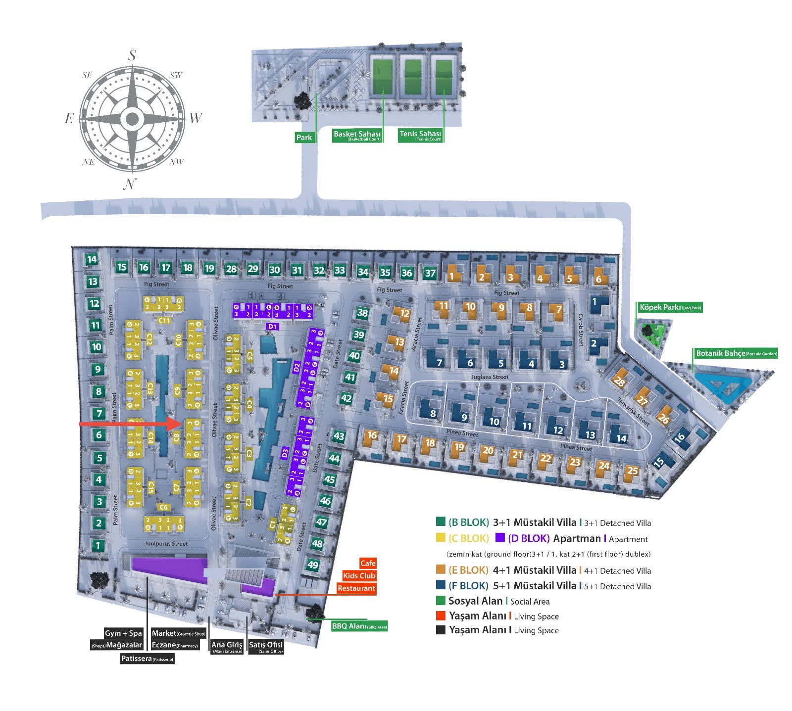 Site plan of the La Isla complex: blocks B/C/D/E/F, pools, sports courts and amenities