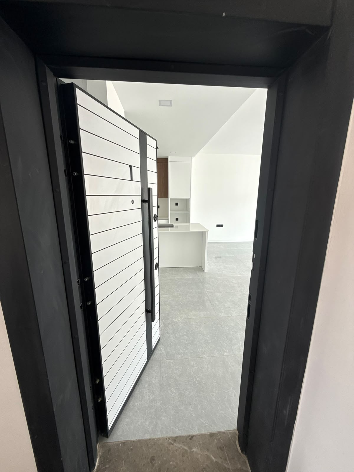 Front door of the apartment with a view into the kitchen-living area