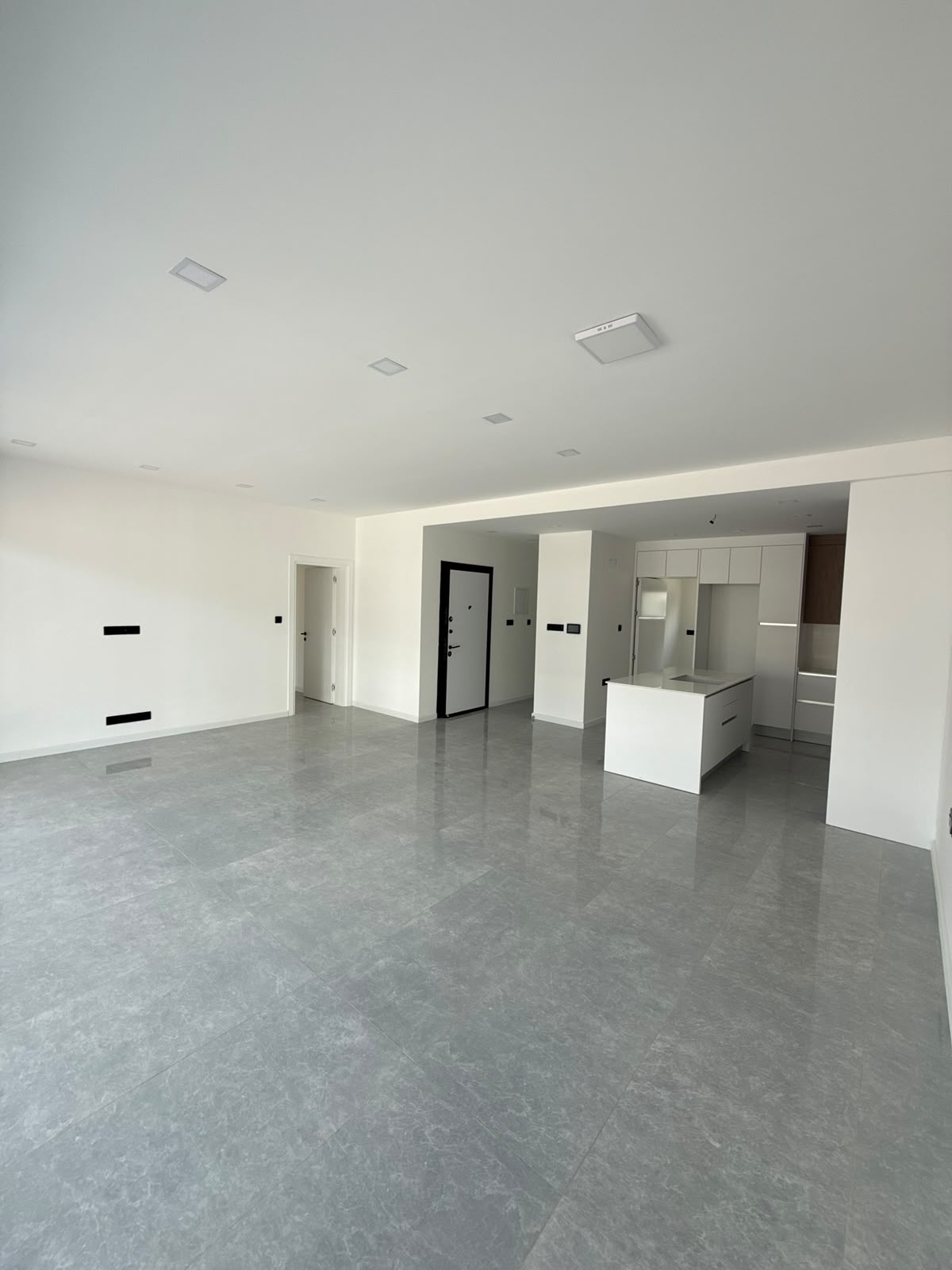 Open-plan living-kitchen area with a view of the front door