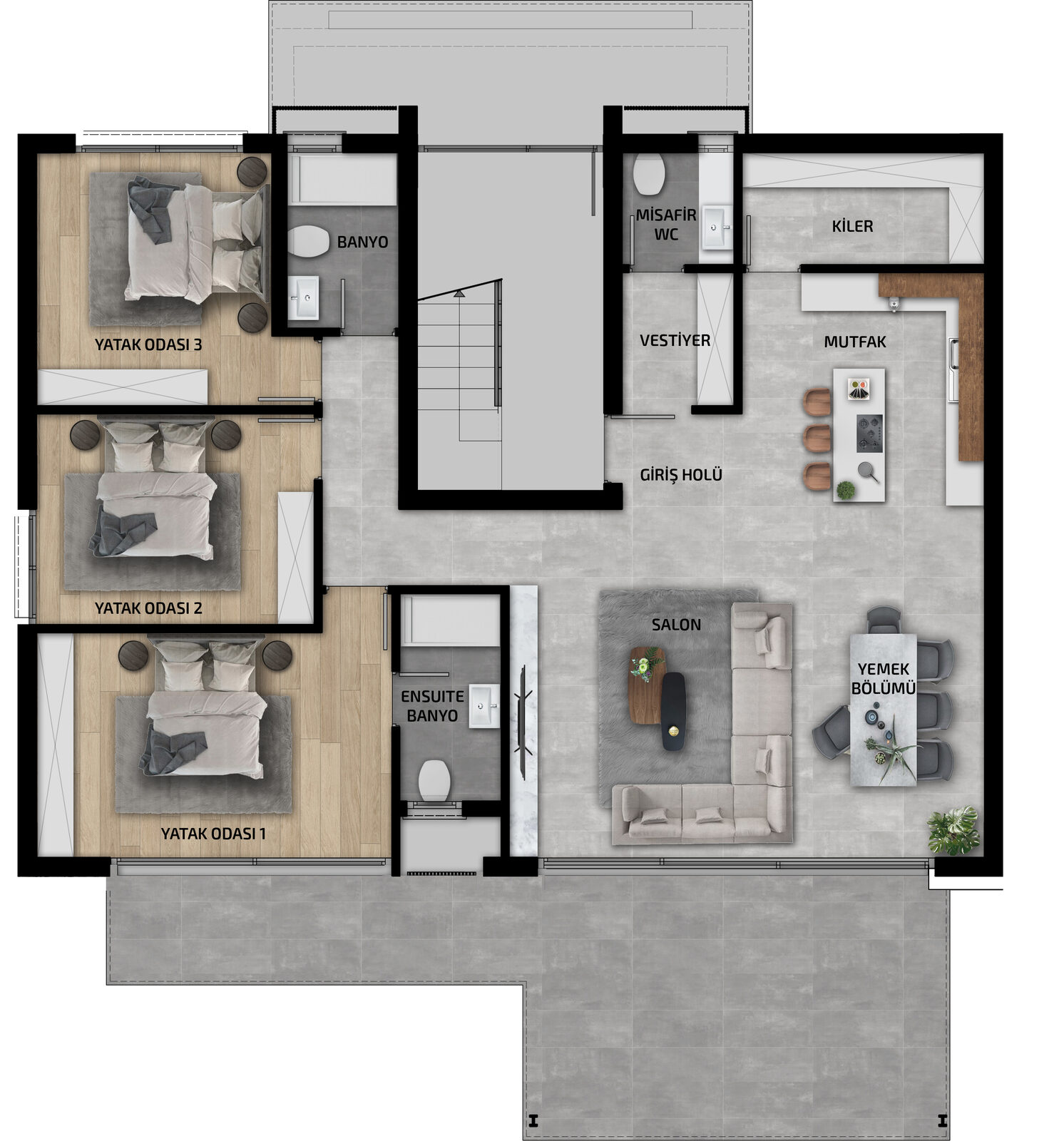 Furnished layout plan of the 3+1 apartment: 3 bedrooms (one en-suite), guest WC, kitchen, living room and dining area