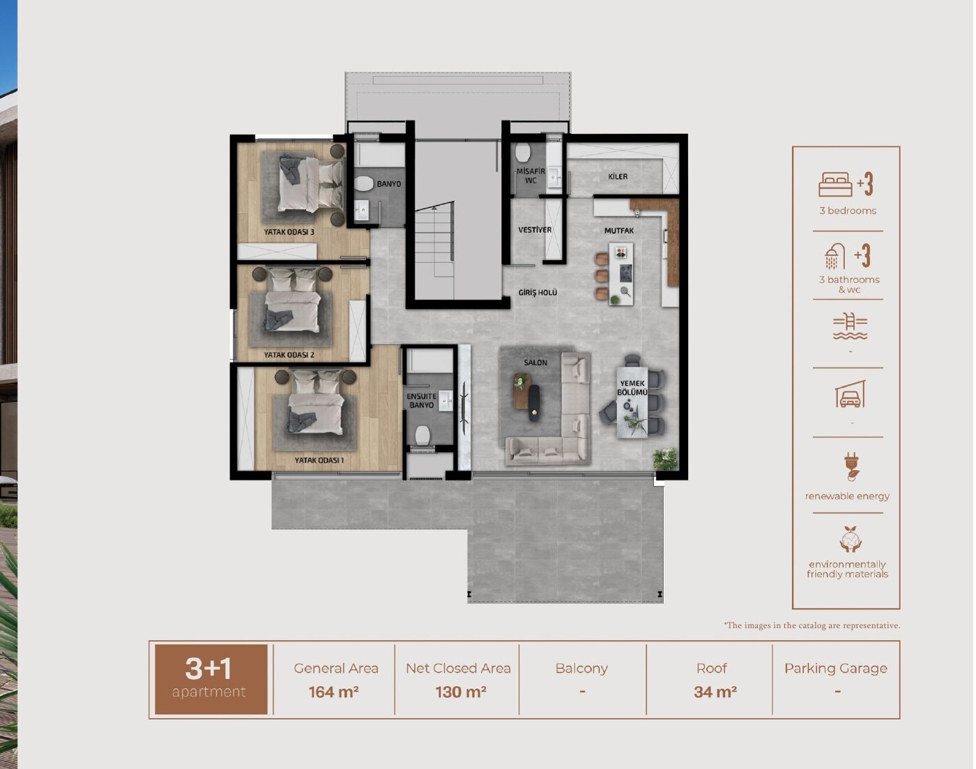 Developer's official plan with areas: general 164 m², net closed 130 m², roof 34 m², 3 bedrooms and 3 bathrooms
