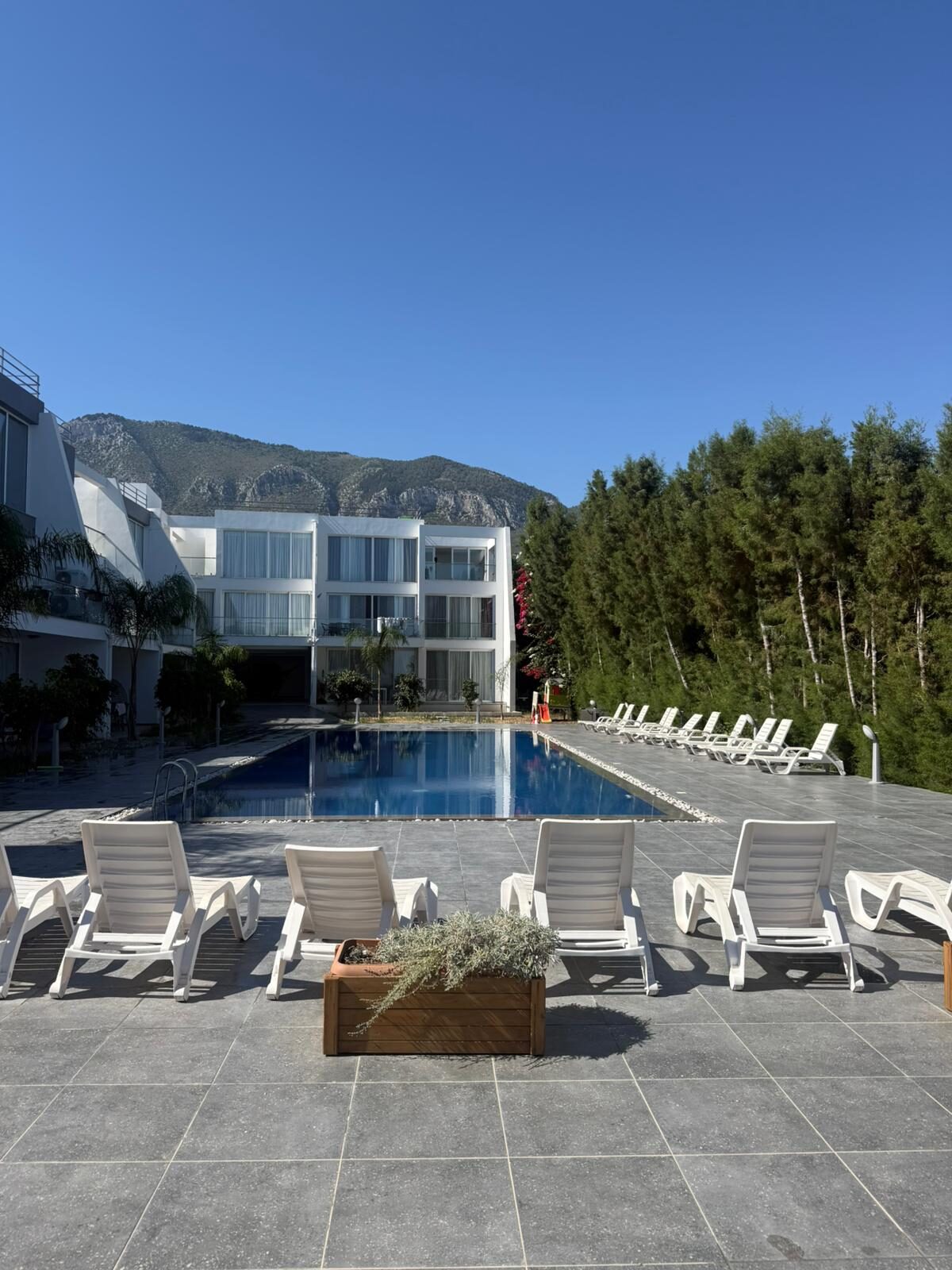 Poolside terrace with sun loungers, view of the building and the Kyrenia mountains