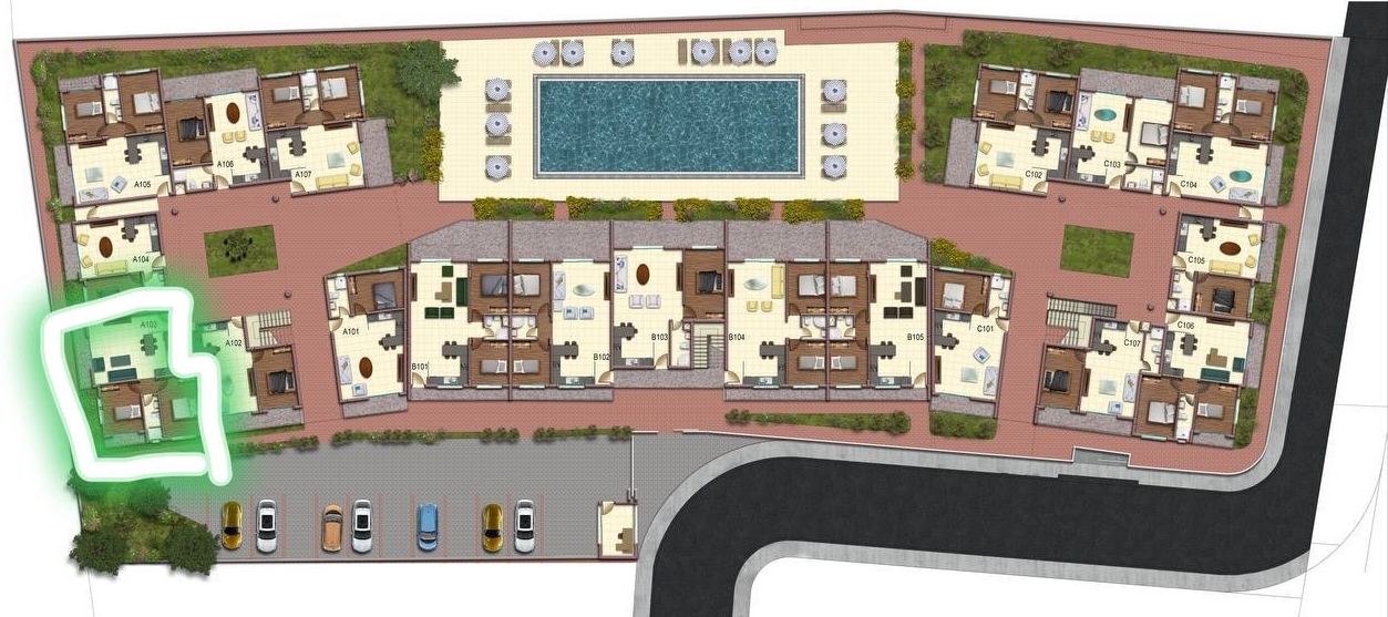 Site plan of the Coliseum Court complex showing the location of apartment A103