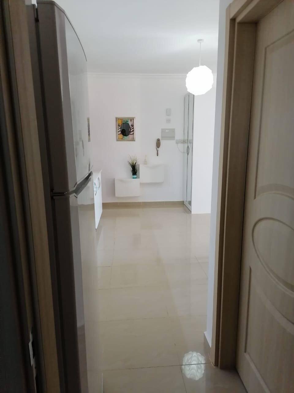 Hall with the fridge, a mirrored sliding wardrobe and the front door