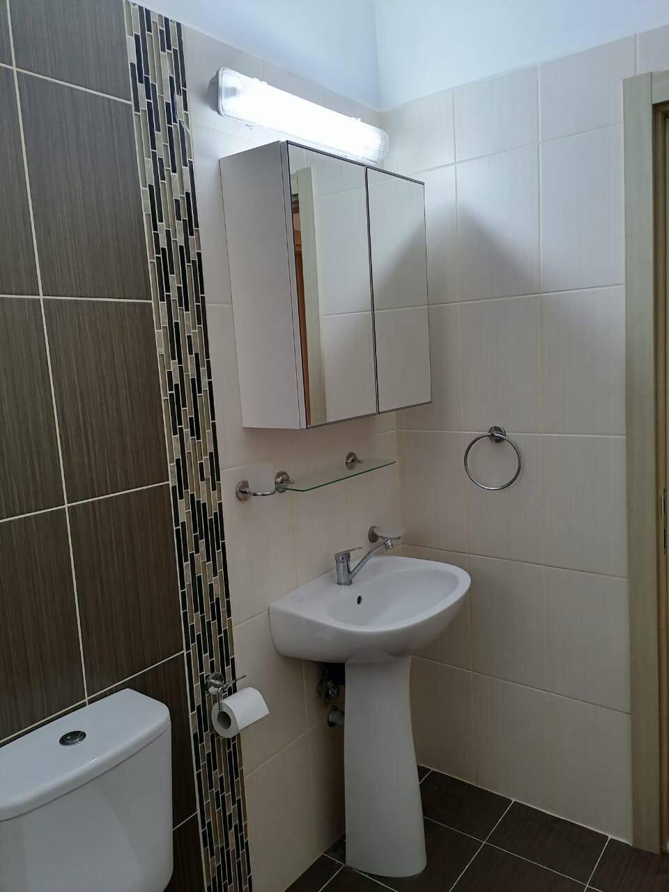 Bathroom: basin, mirrored cabinet with a light above it, and the toilet