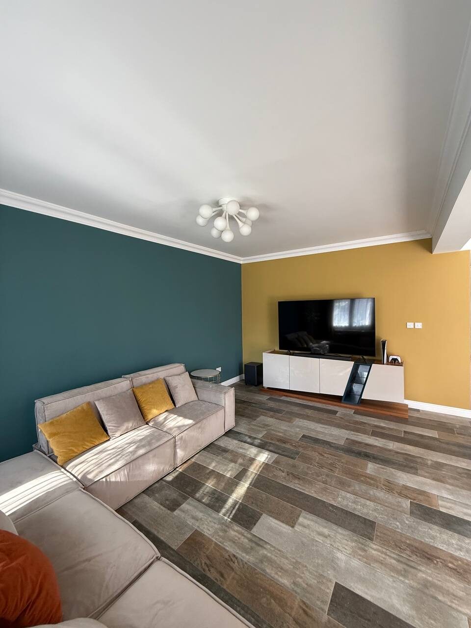 Sitting area: corner sofa, television, coloured walls