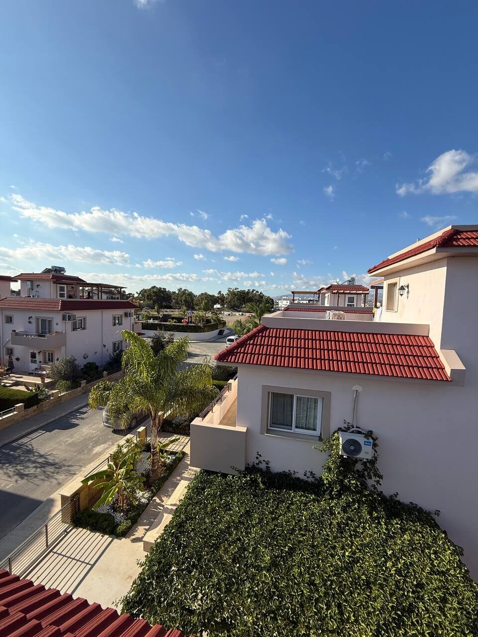 View from the roof over the street of the complex and its greenery
